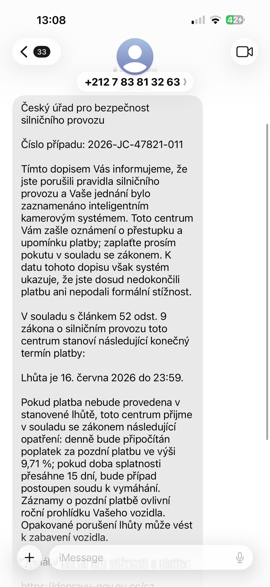 Upozornění Policie ČR o podvodných SMS zpráv